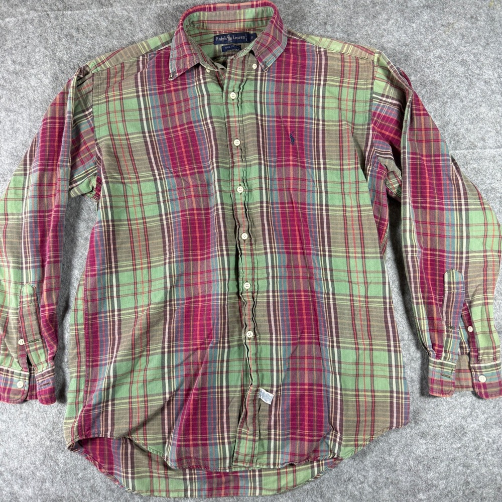 Ralph Lauren Plaid Button Down Mens M Green Burgundy Long Sleeve Cotton Shirt